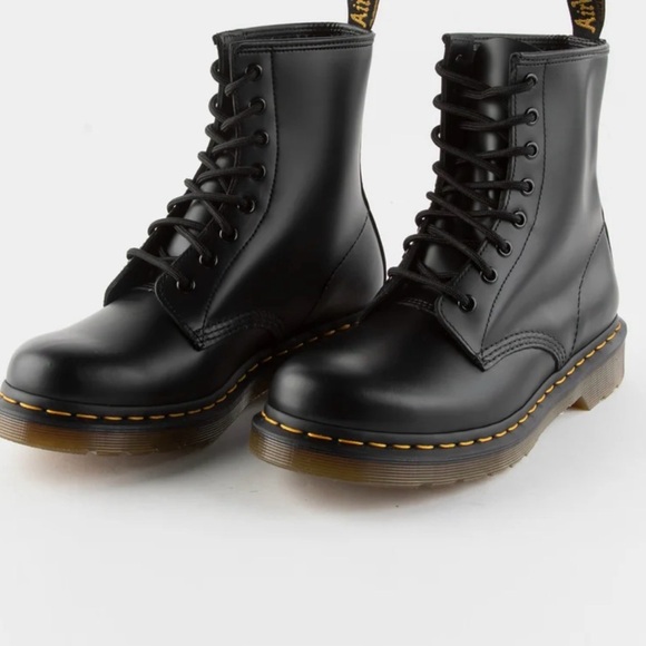 Dr. Martens Shoes - Dr. Martens Black Leather Boots with Yellow Stitching